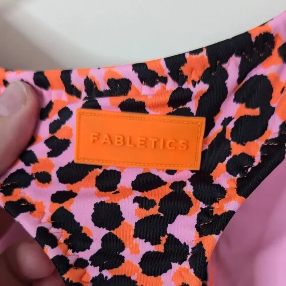 Fabletics Neon Leopard Zip-Front Racerback Shaping Swim Top & 5